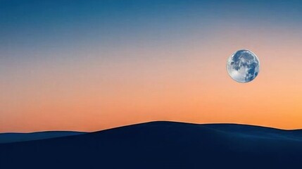Wall Mural - a photo of a complete moon against a mountain backdrop with vibrant orange-blue skies