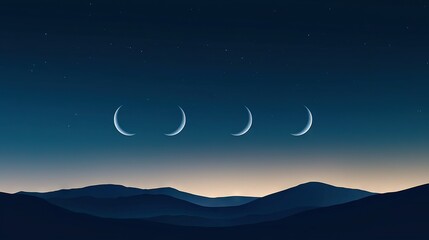 Wall Mural - three crescents can be seen in the night sky over a mountain range, with the mountains in the foregr