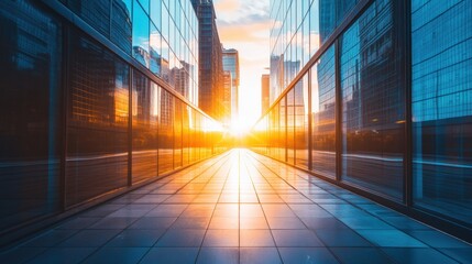 Aufkleber - Sunset casts vibrant light through city buildings creating a stunning urban view Generative AI