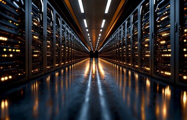 The center room of dark servers is equipped with computers and storage systems in a 3D rendering
