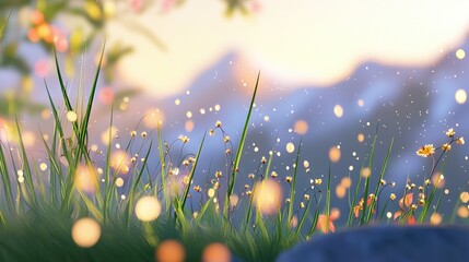Wall Mural - a clear photo of lush green grass and vibrant flowers in a field surrounded by majestic mountains, a