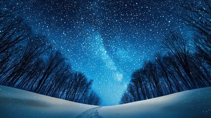 Wall Mural - the night sky is brimming with stars, while the snow-kissed trees cast silhouettes against it additi