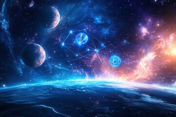 Poster - Dreamy cosmic landscape featuring interconnected planets and glowing symbols across a deep blue nebula