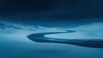 Wall Mural - an aerial shot of a river winding through a snow-covered land with a distant mountain range visible