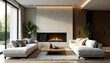 © MarkD - Modern living room, stone feature wall, minimalist fireplace, grey, sophisticated, furniture