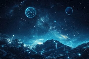 Aufkleber - Dreamy cosmic landscape featuring interconnected planets and symbols within a deep blue nebula under a starry sky