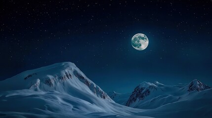 Wall Mural - snow-covered mountain under full moon, sky full of stars