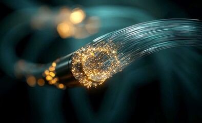 A futuristic cityscape featuring 3D computer wires in an abstract cyberspace filled with global data and network connections