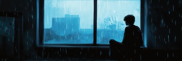 Aufkleber - Lonely individual reflecting on life while sitting by a rainy window in a dimly lit room during a somber evening