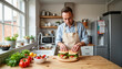 © Anna K@S - Focused man preparing a homemade sandwich in a bright kitchen, culinary passion