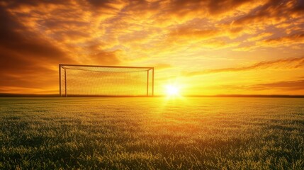 Leinwandbilder - Golden sunlight illuminates soccer field at sunrise with long shadows and peaceful cloud patterns Generative AI