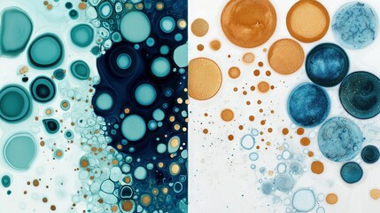 Wall Mural - a painting of vibrant circles on a white canvas, and a close-up of gold and blue orbs against the sa