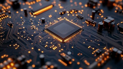 A futuristic neon circuit board concept featuring a bright CPU and neon orange lines on a dark background