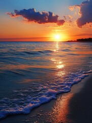 Fototapete - Colorful sunset over calm ocean water with gentle waves on a sandy beach Generative AI
