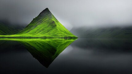 Wall Mural - a lush, emerald peak mirrored in the placid depths below