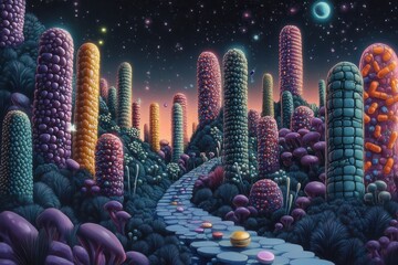 Poster - Surreal landscape of colorful pill structures under dreamlike lighting in a fantastical realm Generative AI