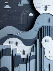 Poster - Sophisticated layered paper art design showcasing political analysis with structured aesthetics in navy blue, gray, and white tones Generative AI