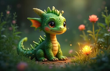 small cute green dragon in grass surrounded by flowers and lights. spring or summer. funny cartoon d