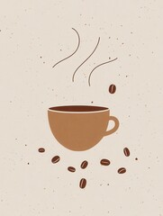 Aufkleber - Elegant minimalist coffee cup design featuring steam and scattered coffee beans in warm tones suitable for branding and decor