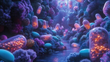 Aufkleber - Surreal landscape of pill structures in a dreamlike environment with vibrant lighting and rich details Generative AI