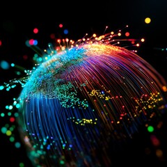 Fototapete - Abstract Globe of Interconnected Fiber Optic Cables Shining Against a Dark Background.