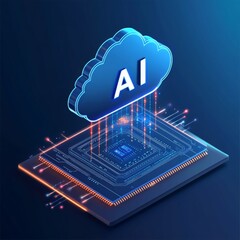 Poster - AI Cloud Computing: Conceptual Isometric Illustration of Artificial Intelligence, Data Processing, and High-Tech Integration.