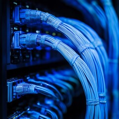 Leinwandbilder - Blue Ethernet Cables Connecting a Network Switch: Data Center Infrastructure Connectivity