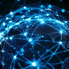 Fototapete - Global Network: Blue Digital Globe with Interconnected Lines Representing Communication and Technology.