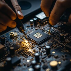 Poster - Precision Electronics: Hands Inspecting a Computer Chip with Intricate Details and Advanced Technology 