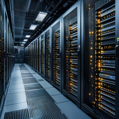 Fototapete - Server Room Illuminated: Rows of Rack Servers in a Data Center with Cooling Infrastructure
