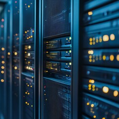 Fototapete - Server Room: Rows of Data Storage Racks with Illuminated Indicators Offering a Glimpse into the Digital Heart of Infrastructure