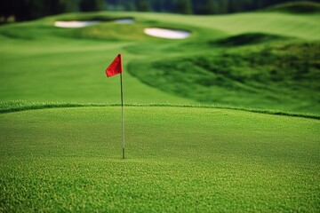 Poster - Serene golf course with a vibrant flag marking the hole and rolling green hills in the background Generative AI