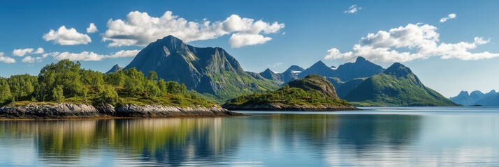 Leinwandbilder - Serene mountain landscape with calm water reflecting blue sky and clouds in a picturesque natural setting Generative AI