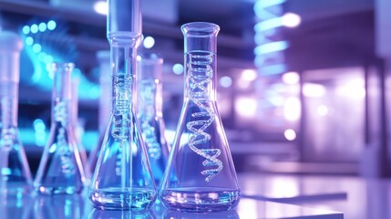 Laboratory glassware with liquid filled flasks, science experiment in background. Possible stock photo use scientific research, educational purposes