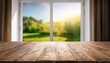 © netsay - Tranquil Blurred Garden View Through a SunKissed Window Frame Wooden Tableau in a Sunlit, Lush Landscape, Radiating Serene Elegance and Natural Beauty.