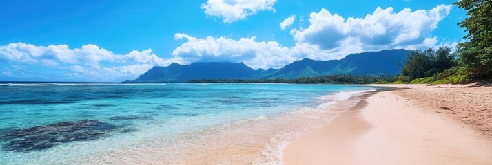 Aufkleber - Stunning tropical beach with clear blue water and distant mountains under a bright sky Generative AI
