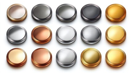 Collection of metallic round buttons in various colors and finishes.