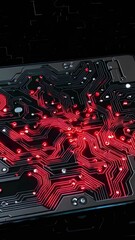 Poster - a captivating view of a complex electronic circuit design illuminated by striking red lines against 