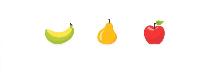 Aufkleber - Modern minimalist fruit logo showcasing abstract representations of a banana, pear, and apple on a clean white background with soft shadows