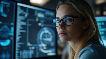 Focused female programmer working late at night, looking directly at the camera, surrounded by computer screens displaying data.
