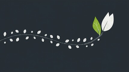 Wall Mural -   A green leaf on a black background with white dots at the bottom and a line of white leaves below it
