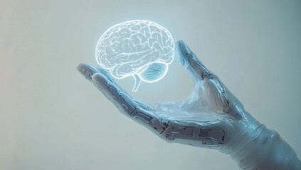 A digital human hand with the fingers pointing to one side, holding an AI brain icon on a white background A futuristic concept of artificial intelligence technology and cybersecurity Generative AI
