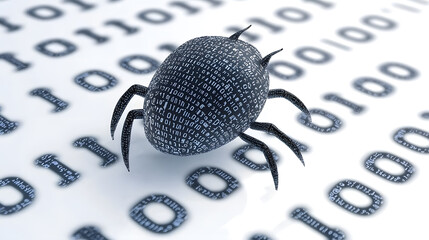 A bug on binary code symbolizes software testing and debugging, representing challenges in programming and development.
