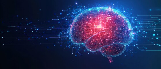 Wall Mural - abstract human brain made of colorful low-poly shapes on a dark blue background with a circuit board