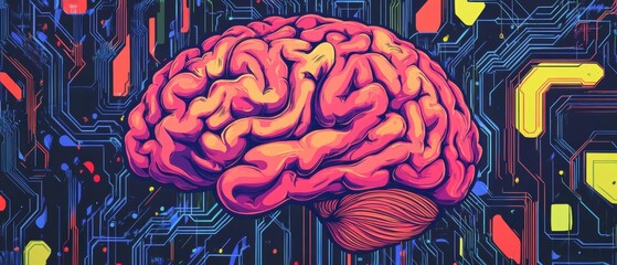 Wall Mural - abstract human brain made of colorful low-polygon shapes on a dark blue background with a digital ci