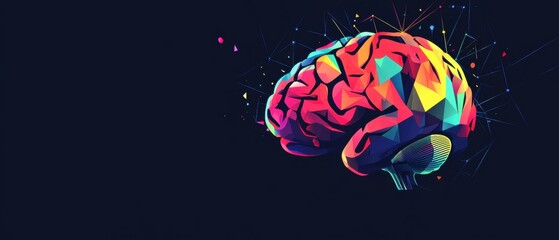 Wall Mural - abstract human brain made of colorful low-polygon shapes on a dark blue background with a digital ci
