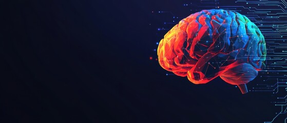 Wall Mural - abstract human brain made of colorful low-poly geometric shapes on a dark blue background with a cir