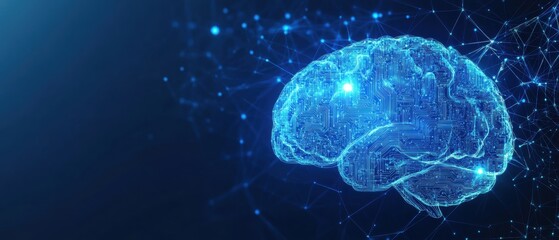 Wall Mural - abstract background with low-poly brain and circuit board elements on a blue digital technology conc