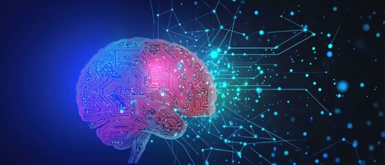 Wall Mural - abstract blue background with colorful low-poly brain and circuit board elements for an artificial i