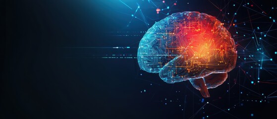 Wall Mural - abstract blue background with colorful low-poly brain and circuit board elements for an artificial i